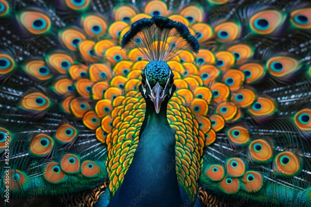 Fototapeta premium Peacock With Spread Tail Feathers in Front View