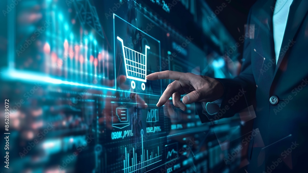 close-up of a businessman's hand interacting with a virtual screen displaying a sales growth chart and a shopping cart, highlighting the rise in ecommerce close-up of a businessman's hand interacting with a virtual screen displaying a sales growth chart and a shopping cart, highlighting the rise in ecommerce