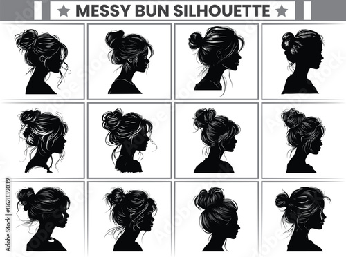 Messy Bun Silhouette Bundle Messy Bun Hair Illustration clipart Silhouette, For T-Shirt Design, Mug, Tote Bag, Etc.