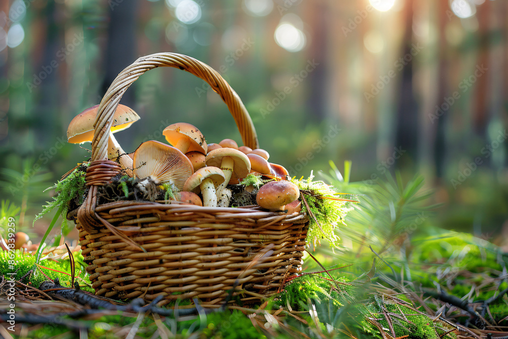 Basket of mushrooms on a forest floor with moss and sunlight filtering through trees Basket of mushrooms on a forest floor with moss and sunlight filtering through trees