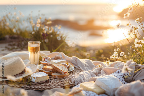 Scenic beach picnic at sunset with a cozy setup of blankets, pillows, and food
