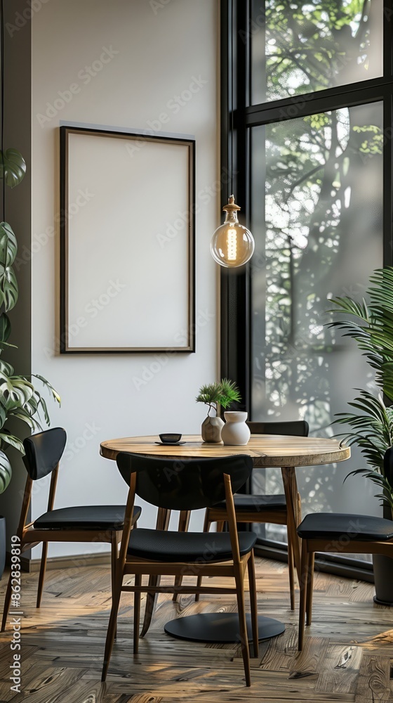 Modern dining room with a blank frame on the wall Modern dining room with a blank frame on the wall
