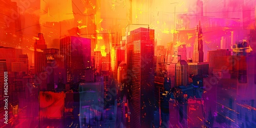 Urban Dreamscape Abstract City Skyline in Bold Hues, Abstract cityscape art, Urban skyline painting, Bold color city artwork, Contemporary skyline prints