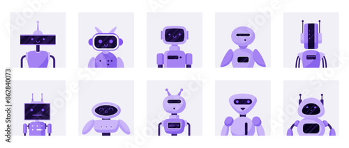 Chatbot avatars set. Purple cute robot assistant heads with antenna and funny face, simple portraits of futuristic customer support service agent and bot of GPT chat cartoon vector illustration
