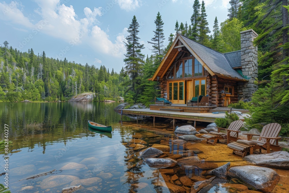Fototapeta premium A peaceful Canadian lakeside cabin with a wooden deck, canoes, and towering pine trees reflected in the water. 