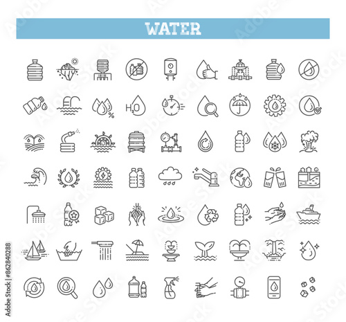 Water line icons set. Linear icon collection