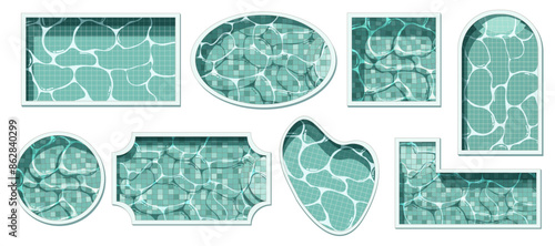 Pool top view. Swimming pools different shapes cartoon style, luxury exterior poolside with water texture tile, summer vacation swim area
