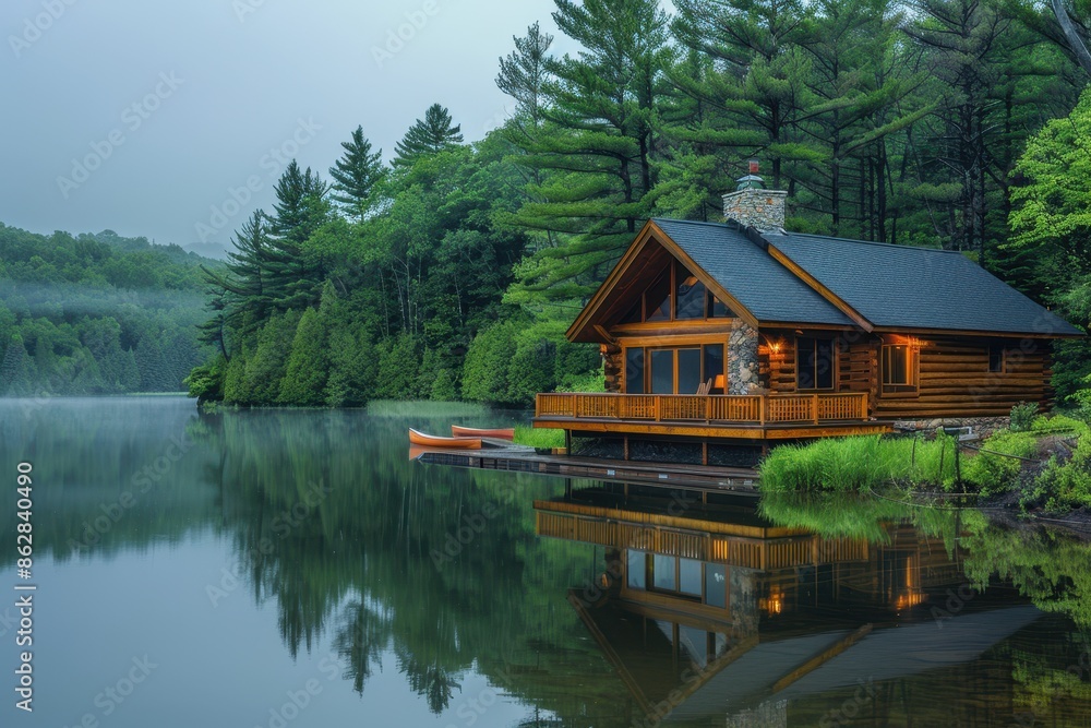A peaceful Canadian lakeside cabin with a wooden deck, canoes, and towering pine trees reflected in the water. A peaceful Canadian lakeside cabin with a wooden deck, canoes, and towering pine trees reflected in the water.
