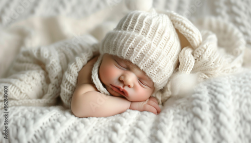 newborn baby sleeping on white knitted