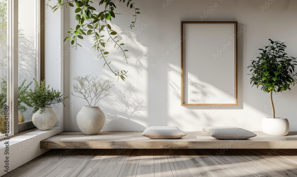Minimalist living room with an empty frame on the shelf Minimalist living room with an empty frame on the shelf