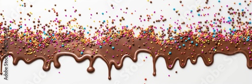 Liquid brown glazing chocolate and colorful sprinkles drip top border on white background. Dessert and pastry shop advertising. AI generative image.