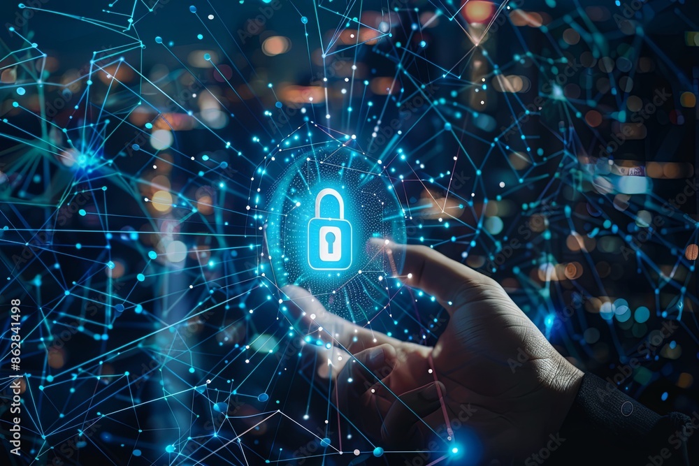 Hand touching glowing padlock icon symbolizing cyberspace security in nighttime cityscape Hand touching glowing padlock icon symbolizing cyberspace security in nighttime cityscape