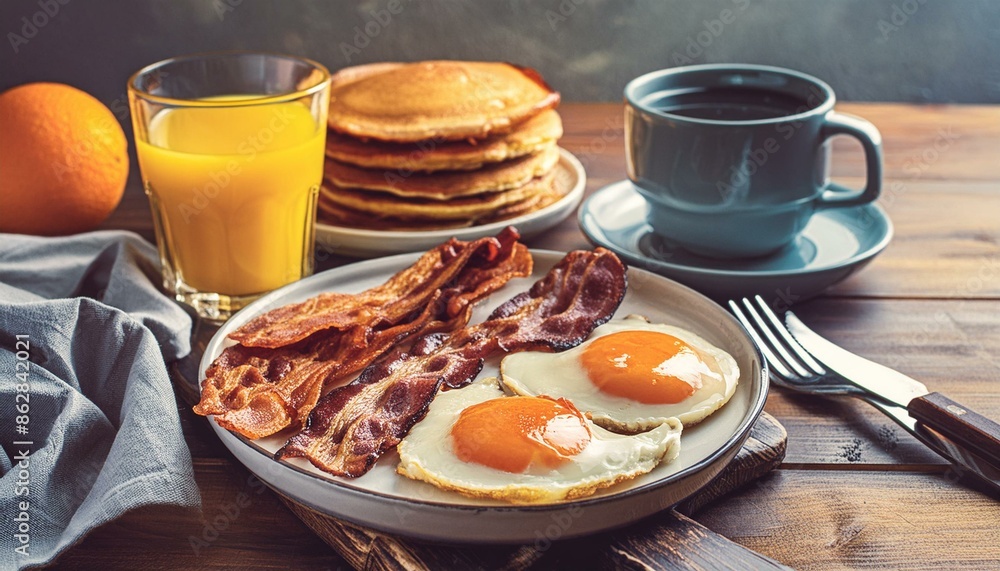 delicious breakfast with crispy bacon, eggs, pancakes, toast, coffee and orange juice delicious breakfast with crispy bacon, eggs, pancakes, toast, coffee and orange juice