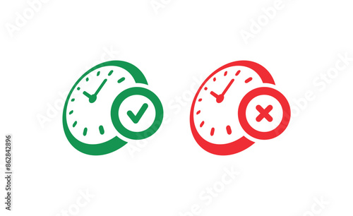 green clock and green check symbol. red clock and cancel symbol. clock cancellation and confirmation concept