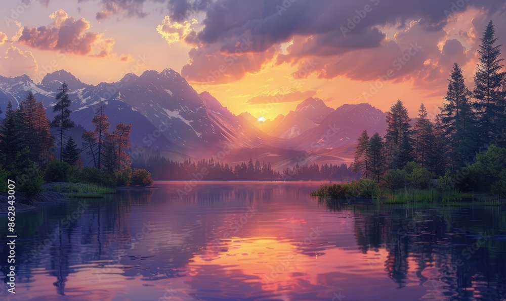 A picturesque sunset over a mountain lake A picturesque sunset over a mountain lake
