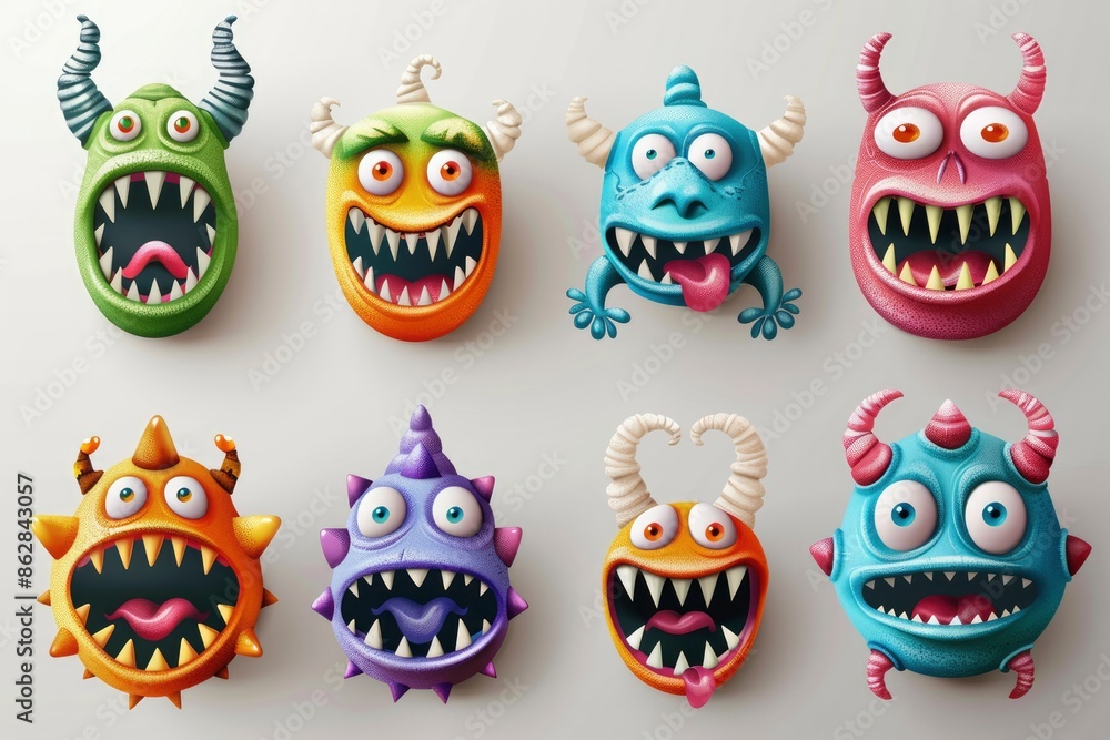 Heads of different Halloween monsters on a plain light background. Postcard, illustration for the autumn holiday Halloween. Scary funny heroes monsters Heads of different Halloween monsters on a plain light background. Postcard, illustration for the autumn holiday Halloween. Scary funny heroes monsters
