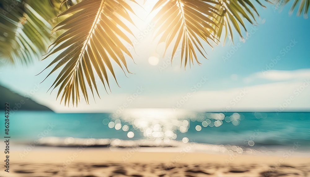 Abstract sea view with palm tree, tropical beach background blur bokeh Abstract sea view with palm tree, tropical beach background blur bokeh