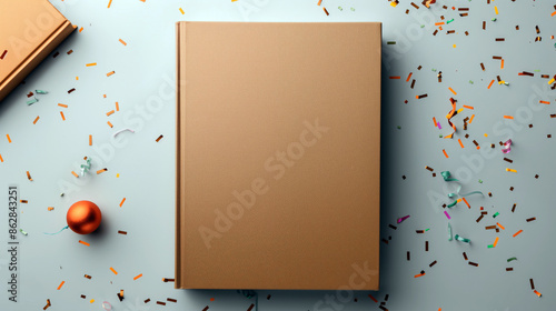 A book is sitting on a table with confetti on top of it. The book is brown and has a plain cover. The confetti is scattered all over the table, with some pieces closer to the book. Copy space place fo photo