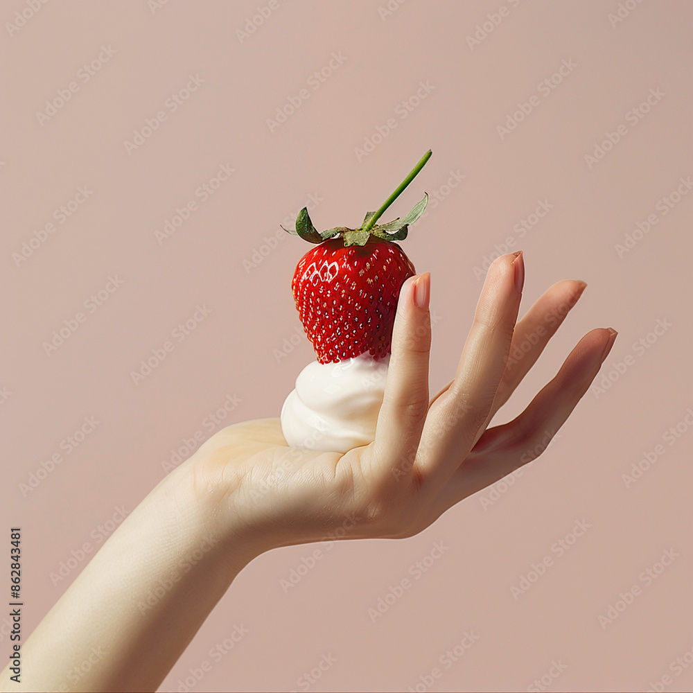 Obraz premium A single strawberry with whipped cream held delicately on a person's hand against a plain background
