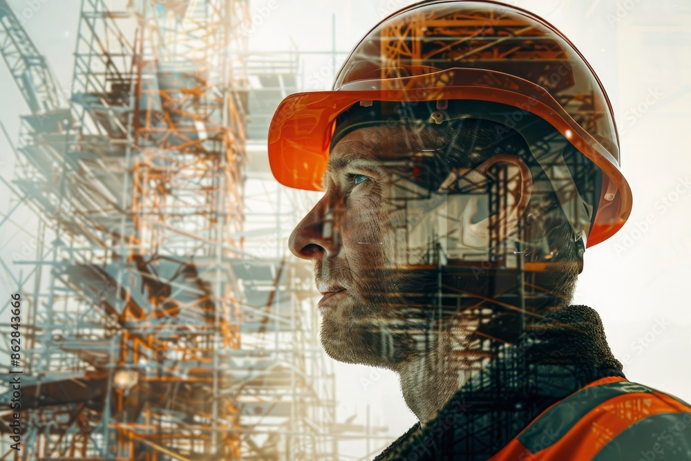 Double exposure of a male head in a safety helmet and construction site. Creative layout, graphic design. Construction of buildings, engineer, builder, architect Double exposure of a male head in a safety helmet and construction site. Creative layout, graphic design. Construction of buildings, engineer, builder, architect