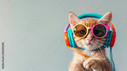 A stylish cat wearing colorful headphones and sunglasses with a blank background for copy space