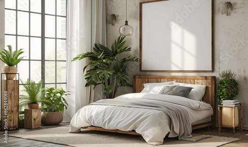 Serene bedroom with a blank poster on the wall