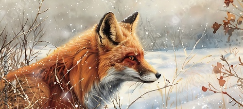 Closeup of a red fox in a snowy landscape its fur detailed and vibrant against the white snow