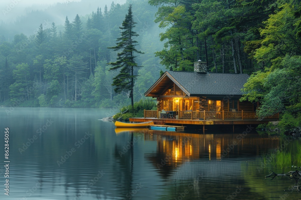 Naklejka premium A peaceful Canadian lakeside cabin with a wooden deck, canoes, and towering pine trees reflected in the water. 