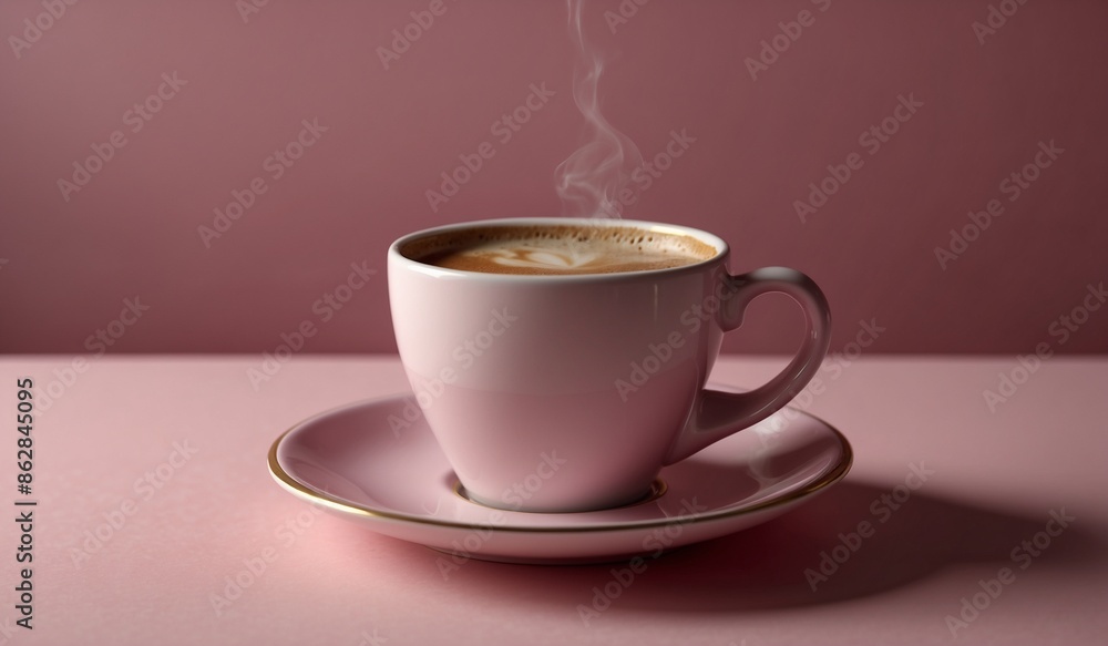 Hot coffee in a pink cup with saucer, steaming. Hot coffee in a pink cup with saucer, steaming.