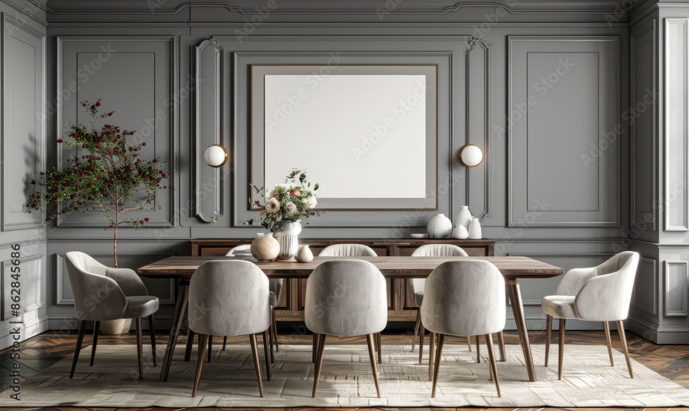Elegant dining room with a blank frame on the sideboard Elegant dining room with a blank frame on the sideboard