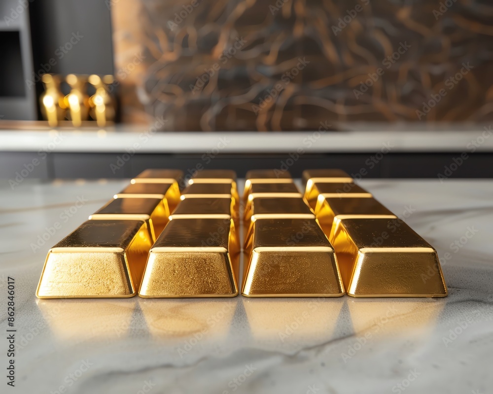 Rows of gold bars arranged on a marble countertop, symbolizing wealth and investment in precious metals. Rows of gold bars arranged on a marble countertop, symbolizing wealth and investment in precious metals.