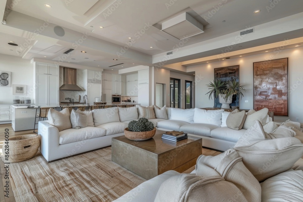 Spacious living area featuring a white sofa and centerpiece table Spacious living area featuring a white sofa and centerpiece table