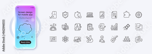Floor plan, Algorithm and Budget accounting line icons for web app. Phone mockup gradient screen. Pack of Musical note, Attachment, Approved report pictogram icons. Vector