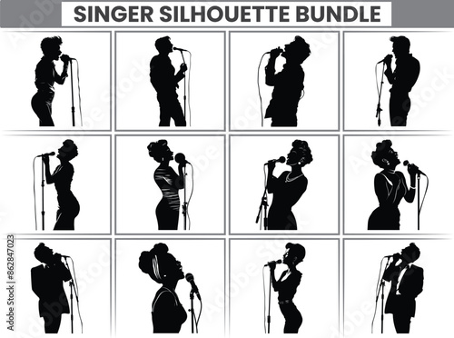 Singer Silhouette Bundle,Standing Man, Female Singing On Mic, Female singer singing silhouette, vocalist singing to microphone