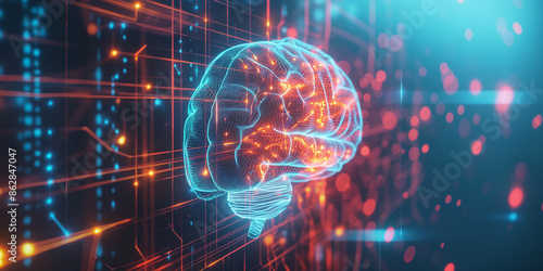 Wallpaper Mural Digital Brain on Futuristic Circuit Board, Visualization of Neural Network Technology, Futuristic holographic brain amidst digital data streams Torontodigital.ca