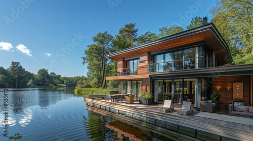 Stunning villa with large windows and a wraparound deck, overlooking a serene lake. © Icygirl