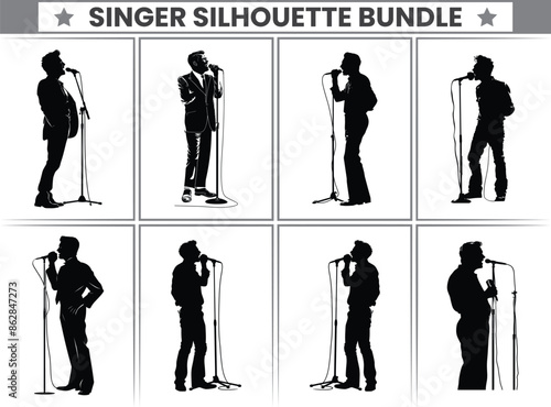 Singer Silhouette Bundle,Standing Man, Female Singing On Mic, Female singer singing silhouette, vocalist singing to microphone