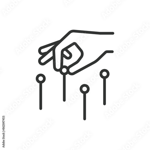 Acupuncture, in line design. Chinese medicine, needle therapy, acupuncture points, acupressure, holistic healing, therapy on white background vector. Acupuncture editable stroke icon.