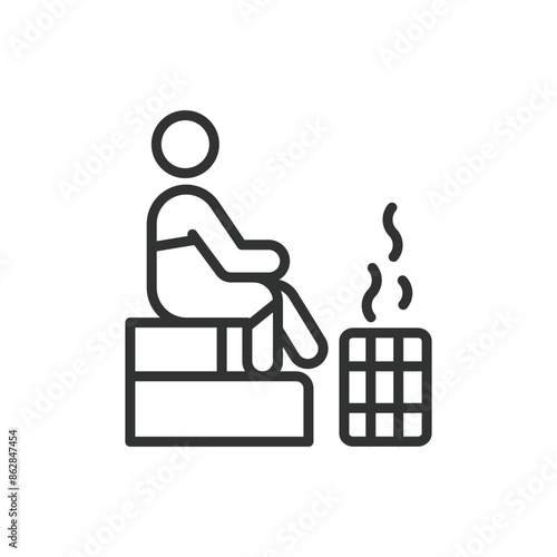 Sauna, in line design. Sauna, steam room, relaxation, heat therapy, wellness, spa, sweat bath on white background vector. Sauna editable stroke icon.