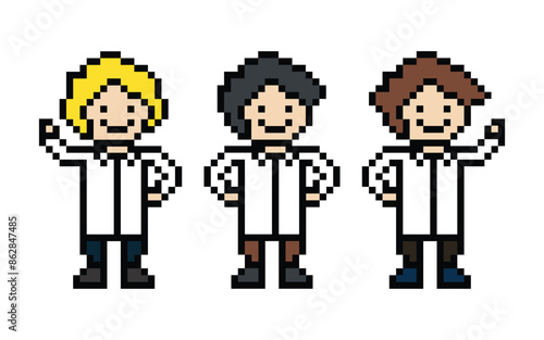 Set of cute pixel cartoon 8bit character man doctor or scientist game care for decoration pharmacist male doctor in hospital 8 bit male pixel art vector.