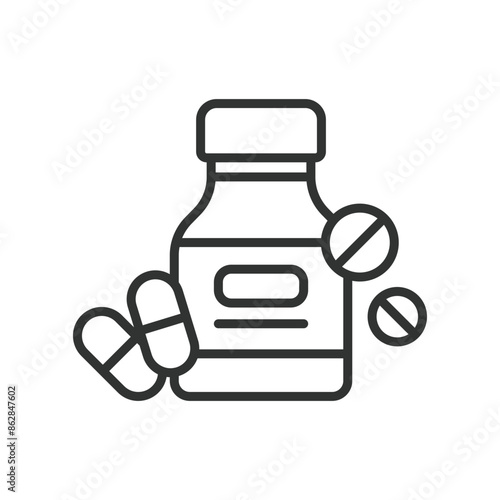 Medicine, in line design. Medicine, healthcare, doctor, medical care, pharmacy, treatment, prescription on white background vector. Medicine editable stroke icon.