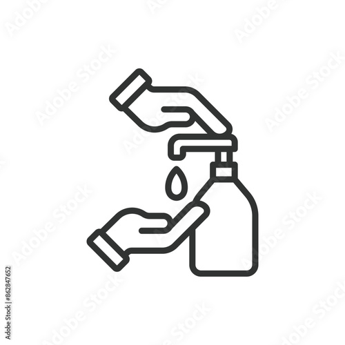 Sanitizer, in line design. Hand hygiene, disinfection, hand sanitizer, germ-free, alcohol-based sanitizer, antibacterial gel on white background vector. Sanitizer editable stroke icon.