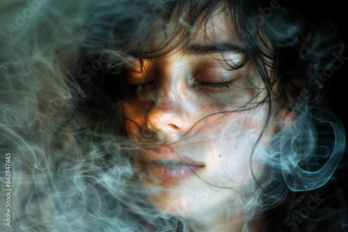 Serene Young Woman with Eyes Closed Surrounded by Smoke in a Dreamy Portrait