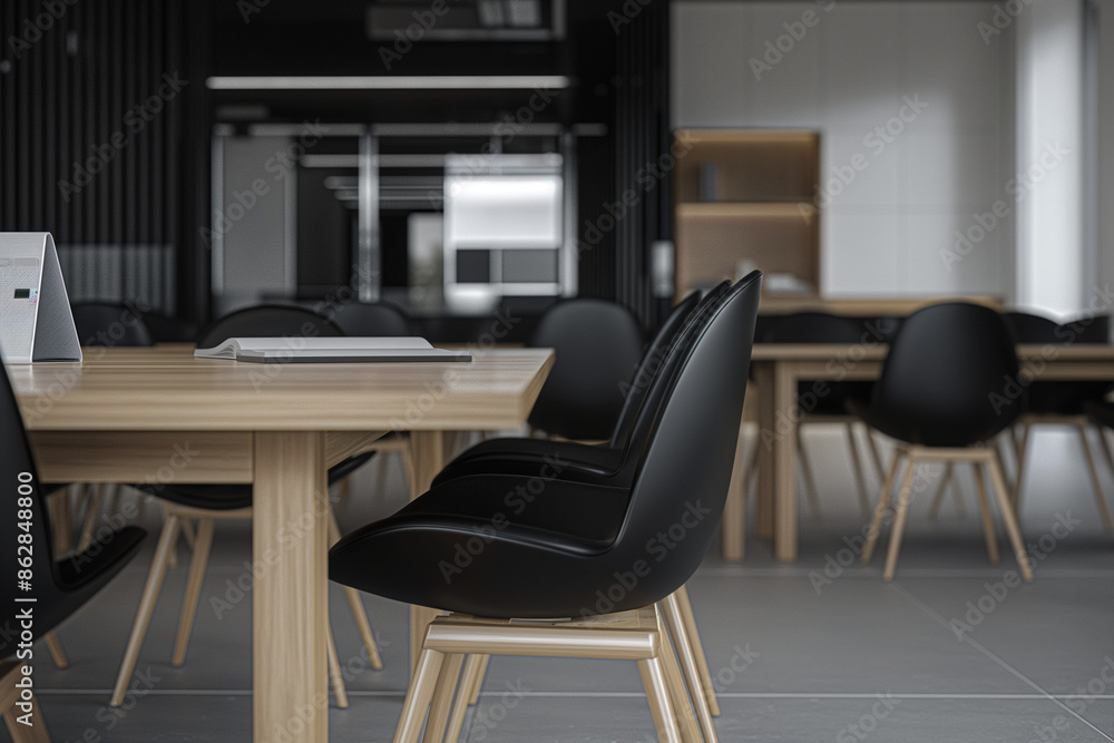 Interior of a modern office meeting room in black and white, featuring wooden furniture including a conference table with black chairs Interior of a modern office meeting room in black and white, featuring wooden furniture including a conference table with black chairs