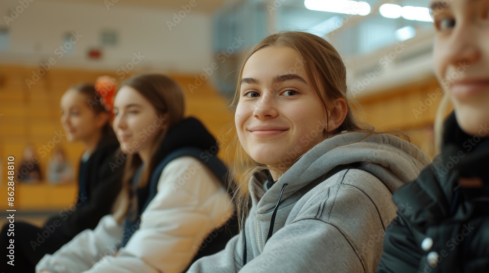 Fototapeta premium A group of smiling teenage girls sitting in a gymnasium, highlighting friendship and a positive school environment.