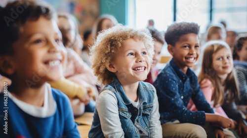 A group of smiling kids sitting together in a classroom, radiating happiness and excitement, showcasing a positive learning environment.