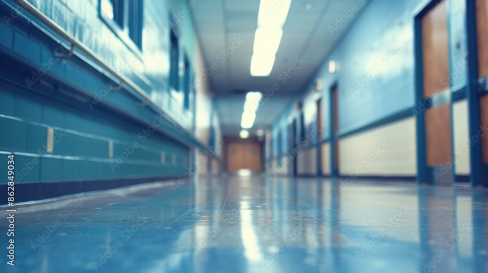 Perspective view of an empty hospital hallway with fluorescent lighting, conveying a clean and clinical atmosphere. Perspective view of an empty hospital hallway with fluorescent lighting, conveying a clean and clinical atmosphere.