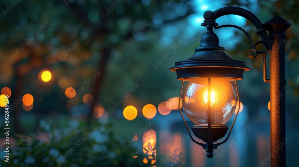 A glowing street lamp illuminating a park in the evening, with warm bokeh lights and a serene, peaceful atmosphere. A glowing street lamp illuminating a park in the evening, with warm bokeh lights and a serene, peaceful atmosphere.