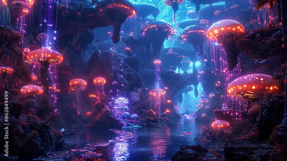 An underwater futuristic water park with glowing sea creatures, Cool colors, Futuristic, Illustration, Magical An underwater futuristic water park with glowing sea creatures, Cool colors, Futuristic, Illustration, Magical