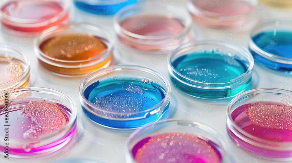 Copper sulphate solution in petri dishes on a white surface Copper sulphate solution in petri dishes on a white surface